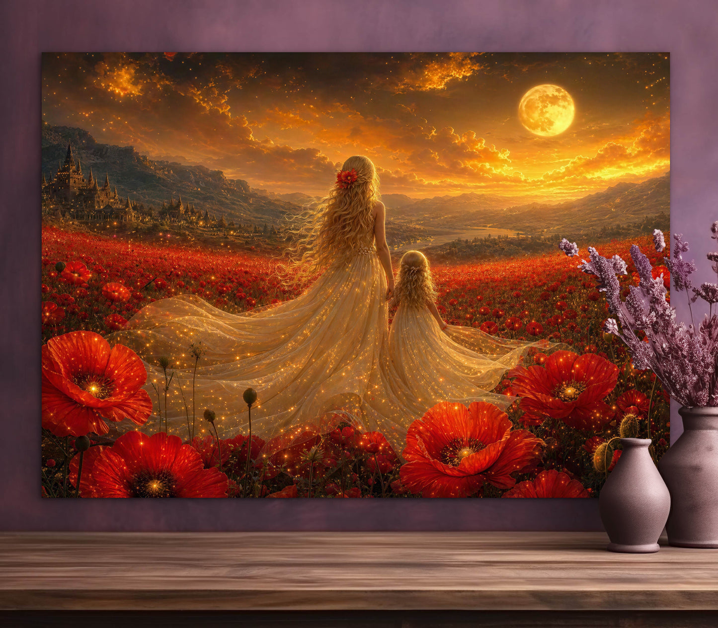 Toile Encadrée - Coquelicots Vibrants Champ Mariée Mère et Fille Portrait Fantaisiste Pleine Lune Coucher de Soleil Peinture à l'Huile Fantaisie Impression Murale