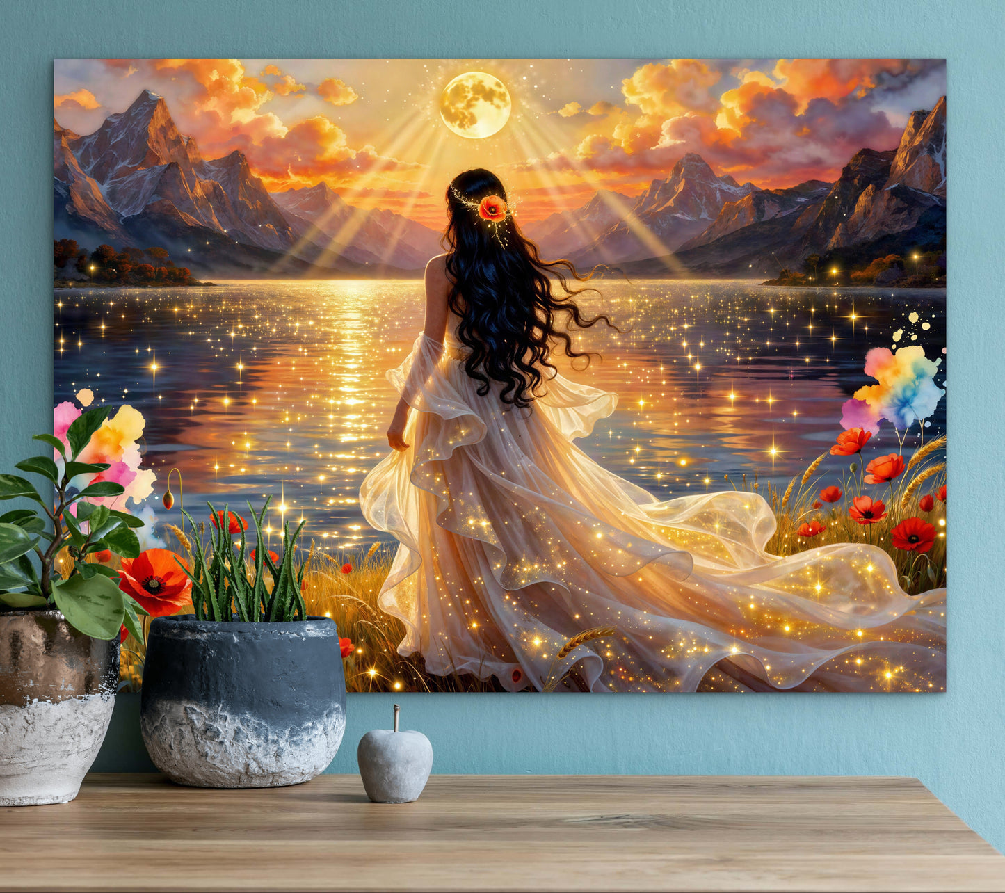 Portrait fantastique Belle mariée au bord du lac, lune pleine fleurie, fleurs de pavot, lumières féériques et ciel nocturne