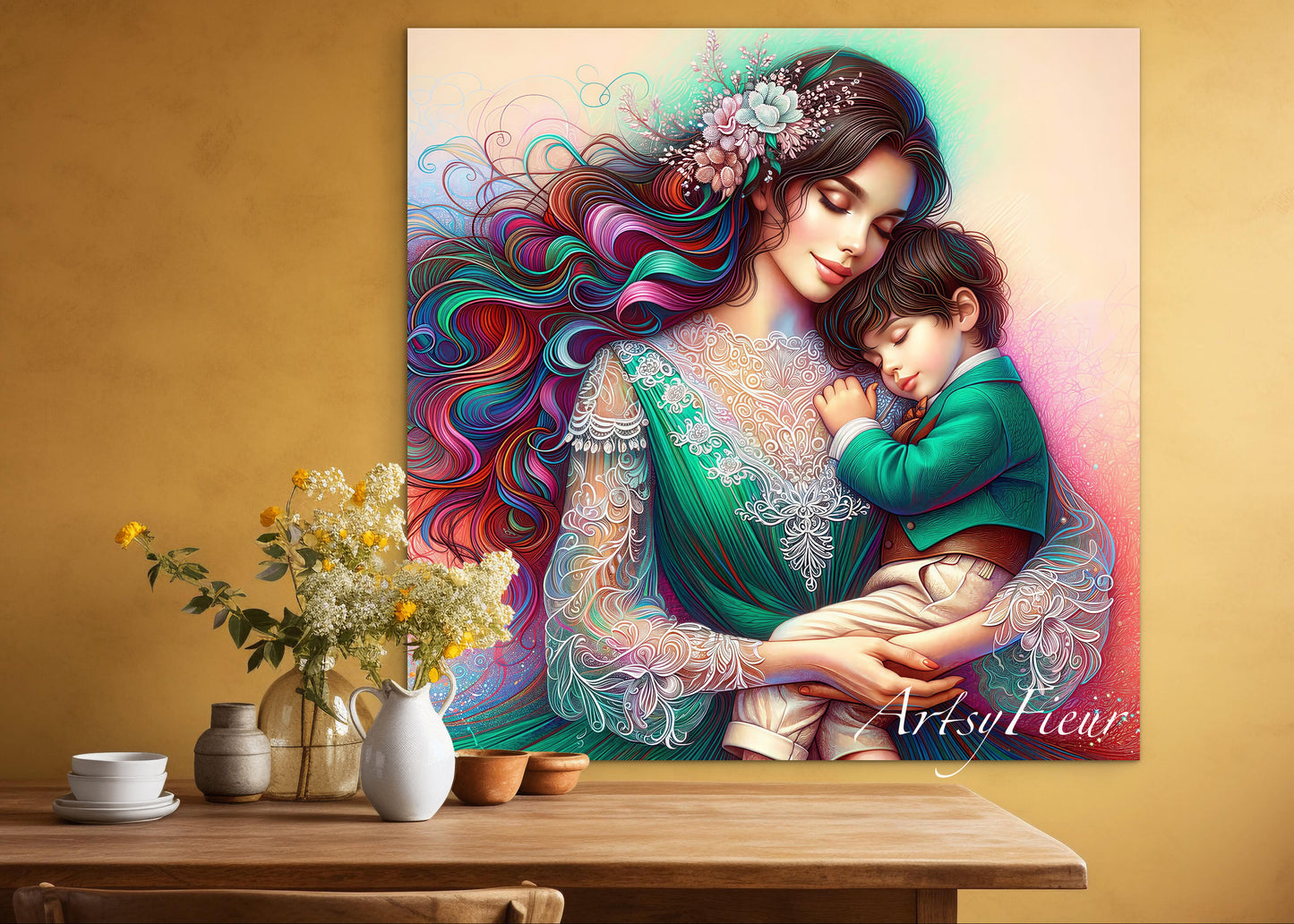 Toile encadrée - Tableau mural prêt à accrocher, dessin coloré abstrait portrait mère et fils, couleurs vertes vibrantes, cheveux bruns femme magnifique, maman et bébé garçon, maternité, cadeau fête des mères, œuvre d'art originale unique, pièce unique.