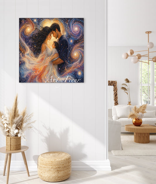 Framed Canvas Beautiful abstract portrait family mother and son vibrant colours whimsical lights universe love soulmates wall art ready to hang