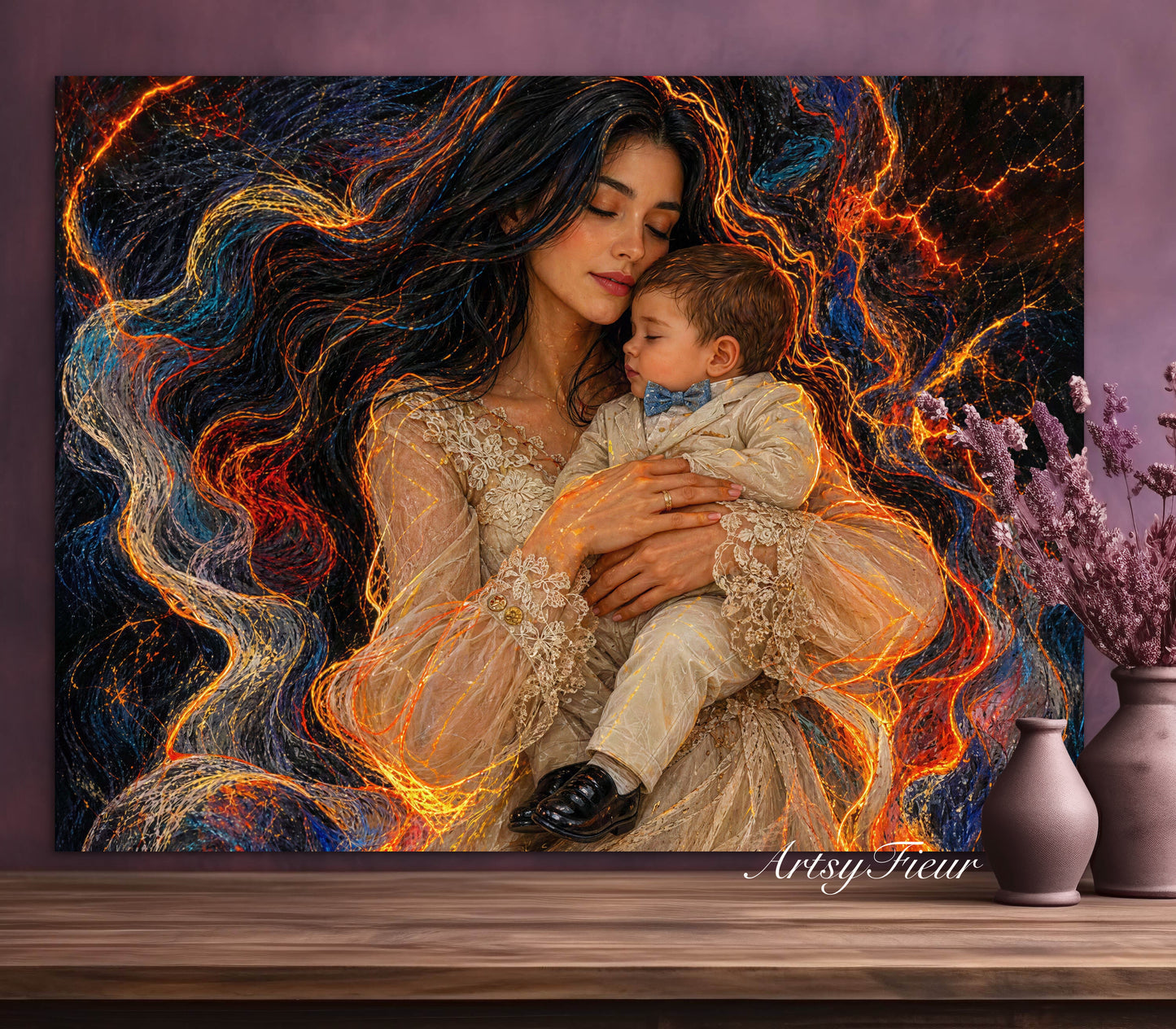 Toile encadrée - impression d'art mural prête à accrocher, couleurs vibrantes portrait abstrait mère et fils dessin au crayon contours néons, femme brune aux cheveux foncés, portrait maman et bébé garçon, cadeau fête des mères œuvre d'art originale unique