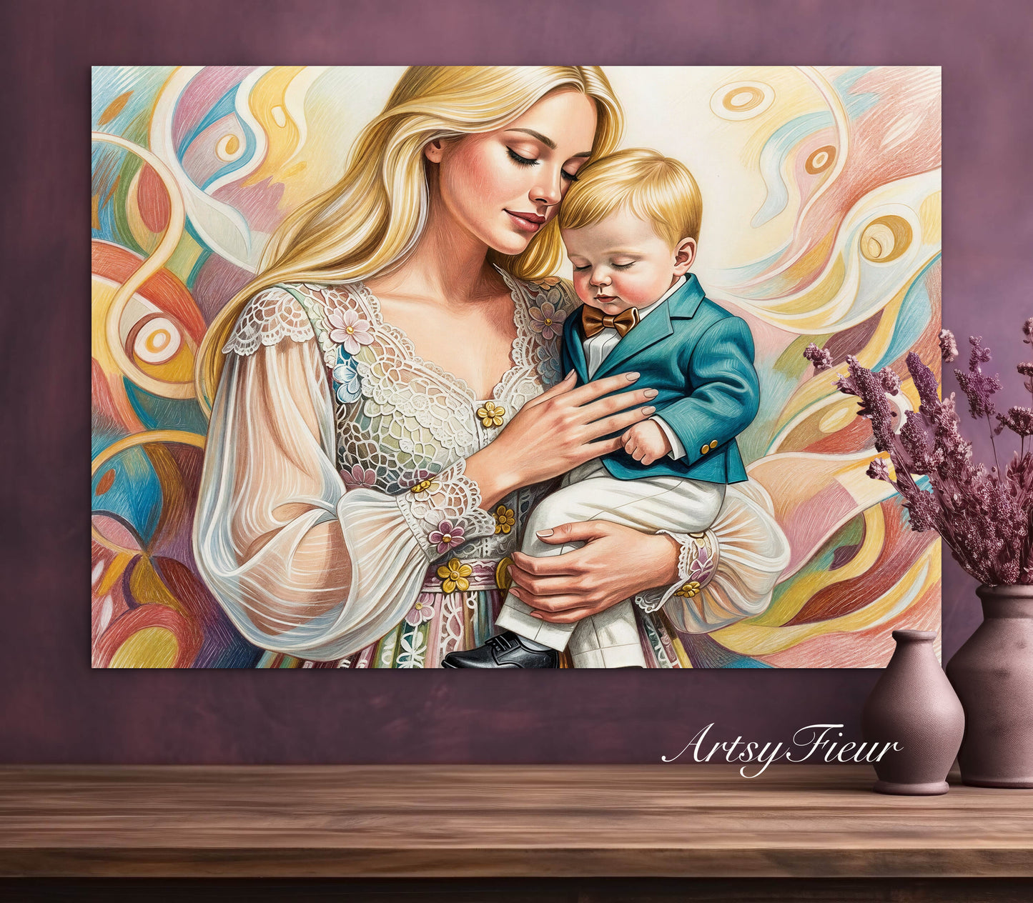 Toile encadrée - décoration murale prête à être accrochée, portrait abstrait mère et fils, beau bébé garçon aux cheveux blonds, belle femme, crayons de couleur, dessin fantastique, maternité, cadeau fête des mères