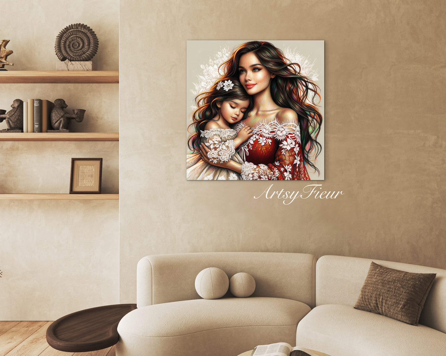 Framed canvas- ready to hang wall art print, abstract colourful mother and daughter portrait original artwork, vibrant colours, fantasy coloured crayons drawing, brunette dark hair mum and baby daughter, motherhood, mothers day gift, unique one of a kind