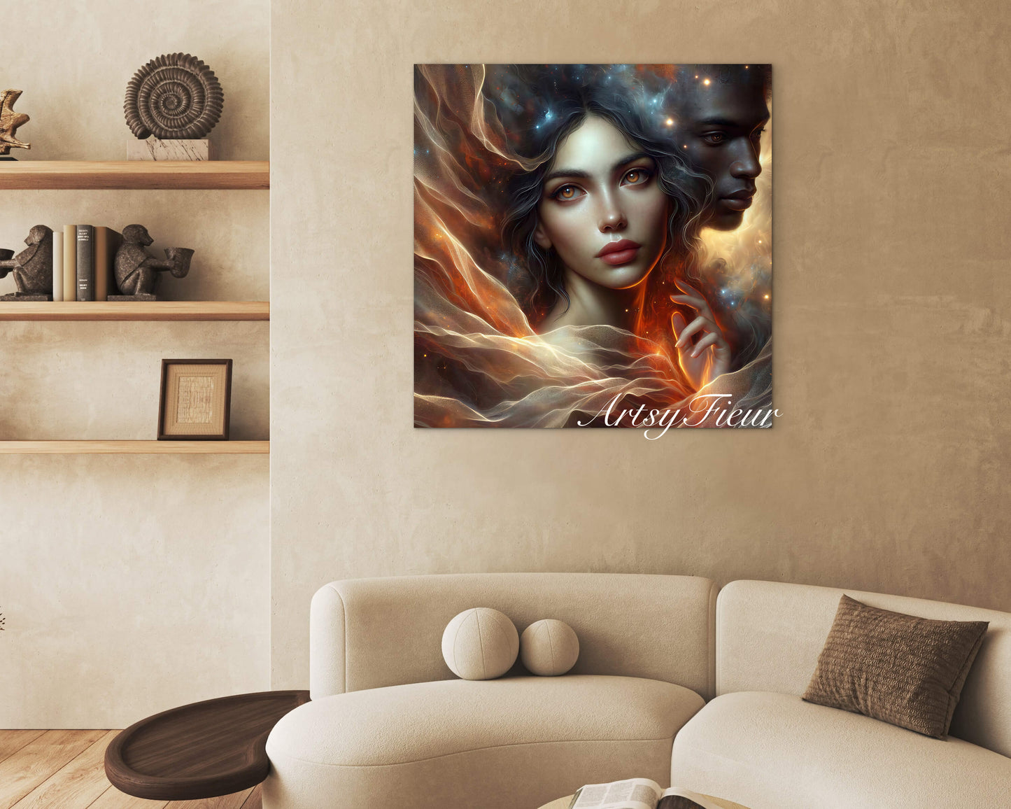 Toile encadrée - prête à accrocher Portrait fantaisie univers âmes sœurs amoureux homme et femme noirs belle femme brune lumière abstraite