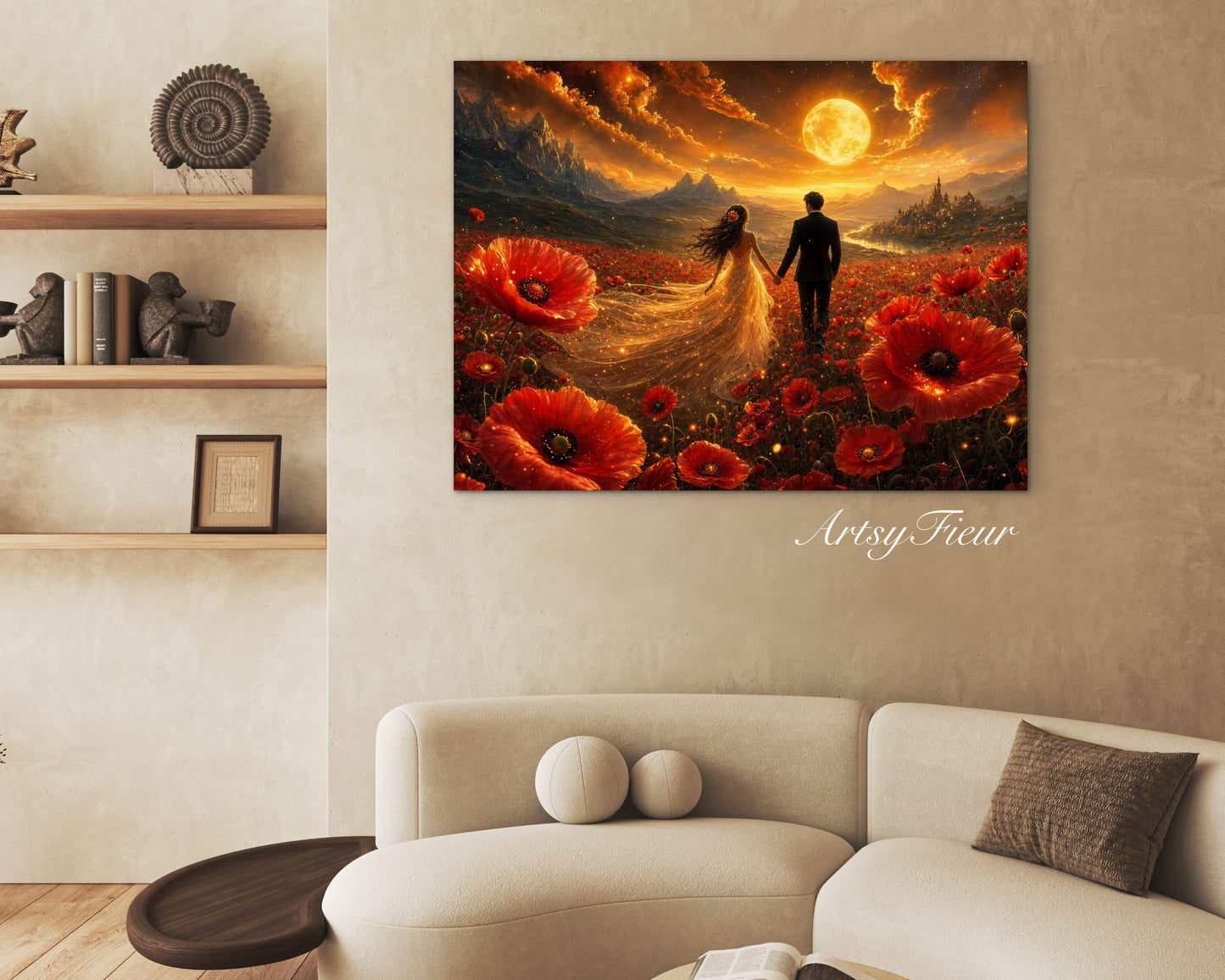 Framed canvas- ready to hang wall art print, vibrant sunset abstract landscape newlyweds in poppy field, gold full moon, love wedding celebration, floral, poppies , lovers, wedding gift, bride and groom dark hair brunette, unique gift, original artwork.