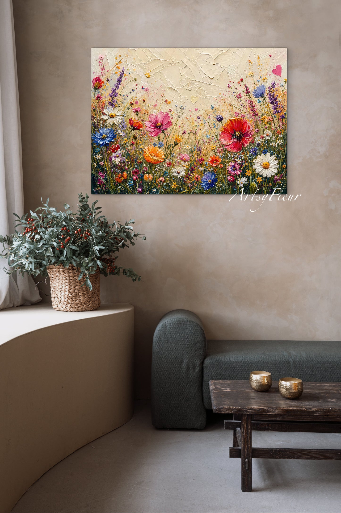 Toile encadrée - Peinture à l'huile texturée de fleurs sauvages éclatantes, Belle œuvre d'art originale prête à être accrochée dans le salon, Fleurie