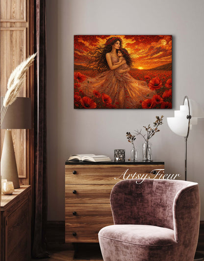 Framed Canvas- Vibrant Poppies Field Mother and Daughter Portrait Whimsical Full Moon Sunset Fantasy Oil Painting Wall Art Print