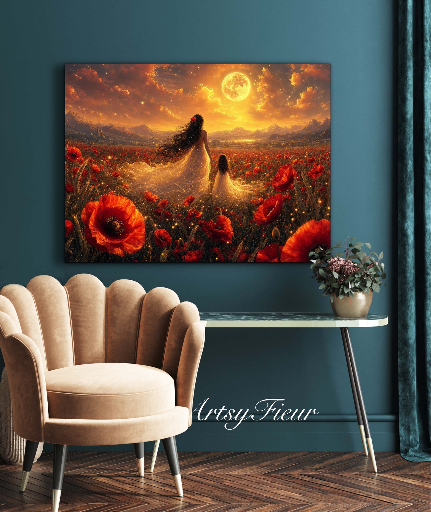 Framed Canvas- Vibrant Poppies Field Bride Mother and Daughter Portrait Whimsical Full Moon Sunset Fantasy Oil Painting Wall Art Print