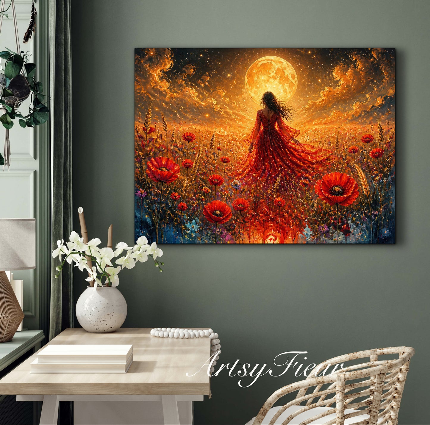 Framed Canvas - Vibrant poppies and wildflowers Whimsical Full Moon starry night sky Bride in Poppy Field, Wall Art Ready to hang original Artwork Print Red Dress