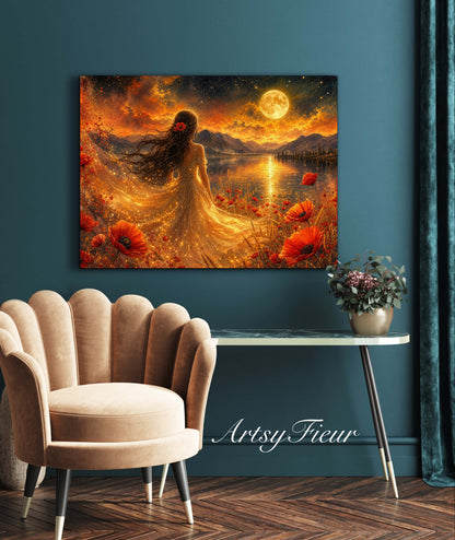 Framed Canvas - Vibrant poppies and wildflowers Whimsical Full Moon starry night sky Bride -Lady by the lake Wall Art Ready to hang original Artwork Print