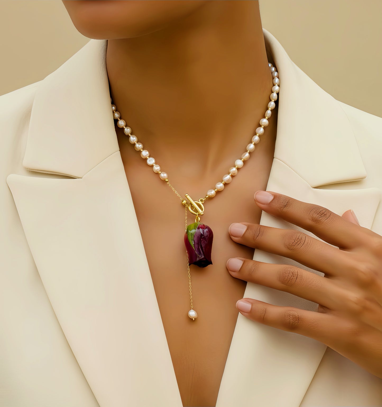 *REAL FLOWER Red Rose Necklace Preserved Flower in Resin Pink Freshwater Cultured Pearls Front Round Closure Hypoallergenic