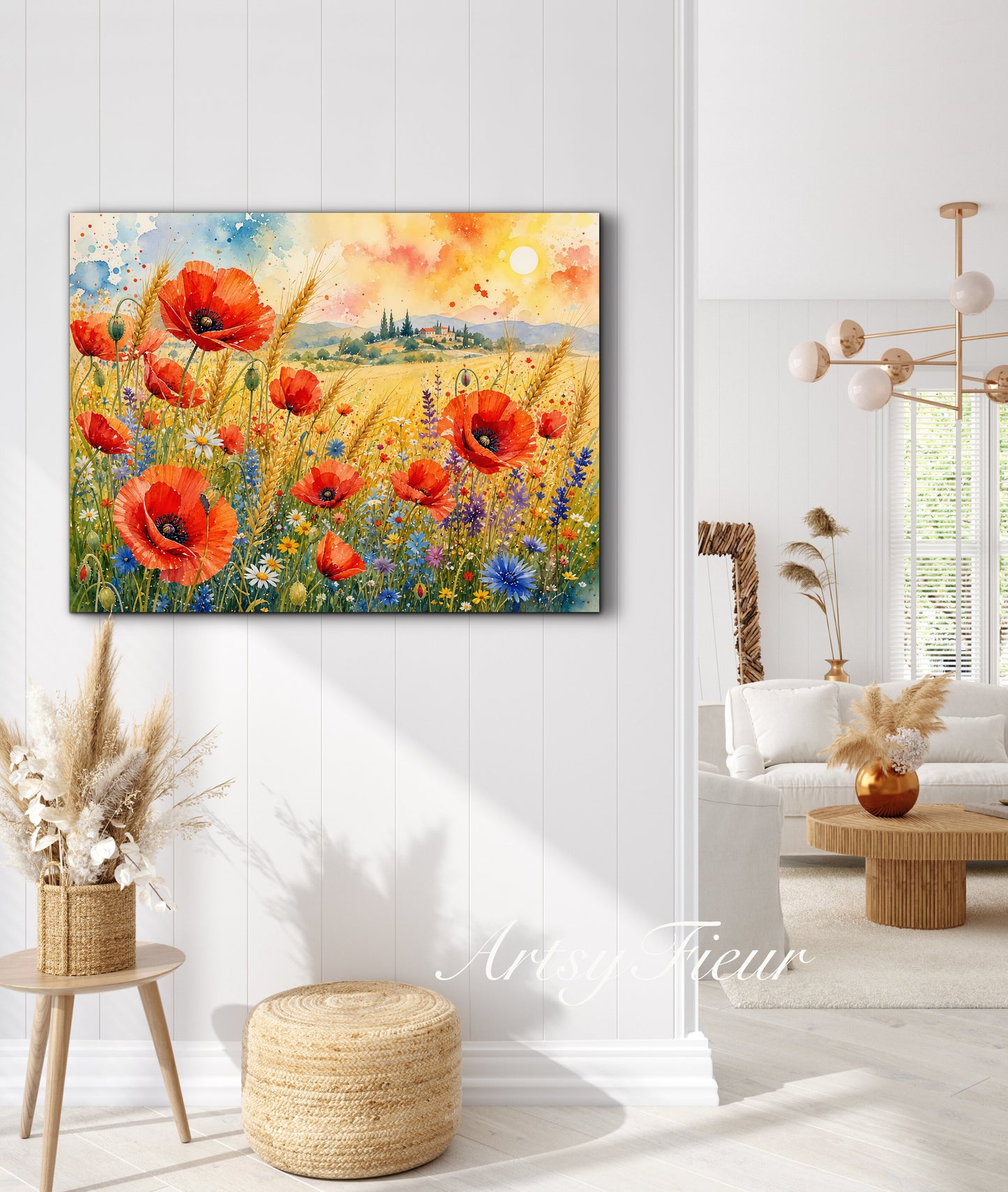 Framed Canvas Print- Vibrant Wildflowers and Poppies Oil Painting Textured Wall Art , Beautiful Original Artwork Ready to Hang Living Room, Floral