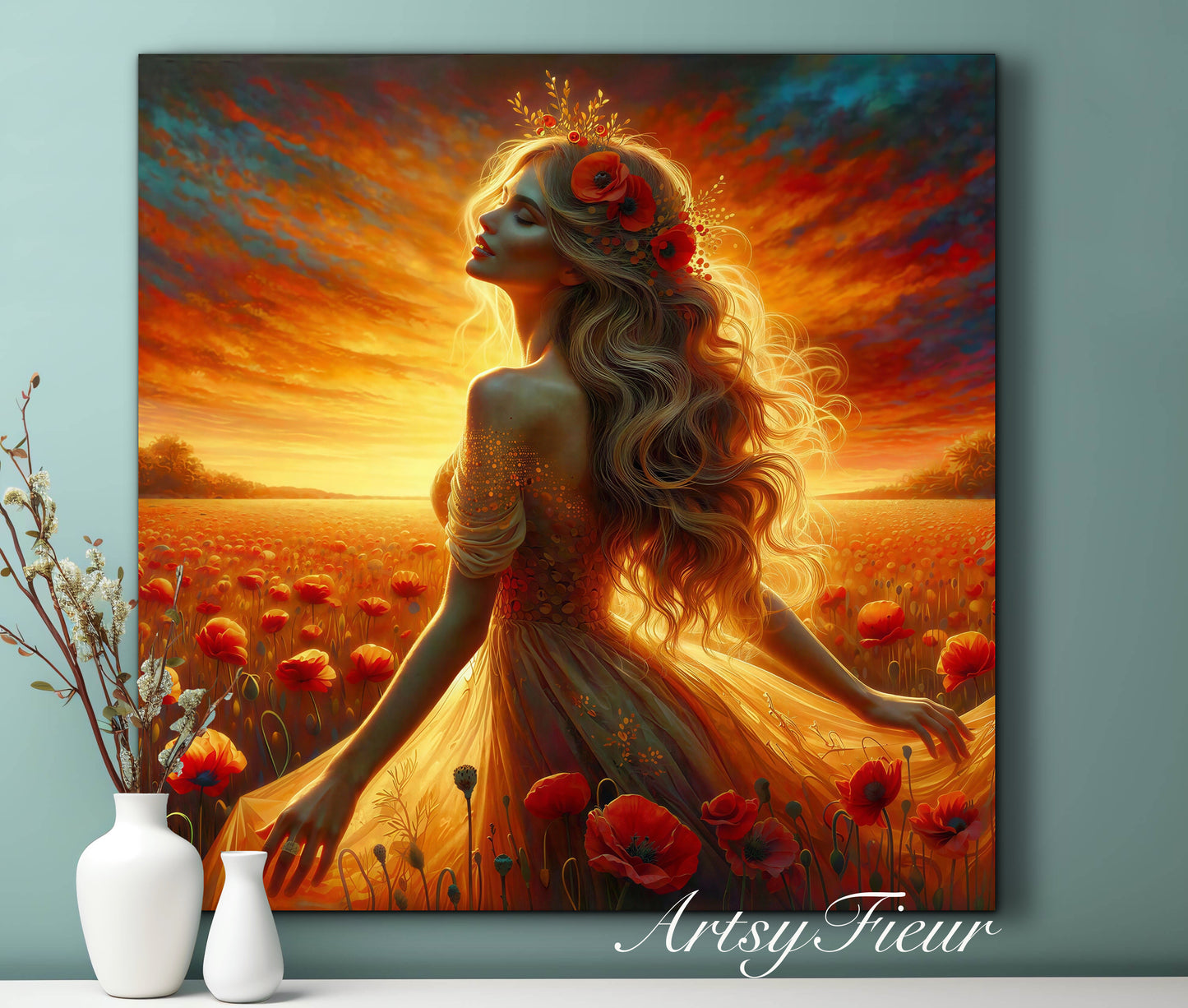 Framed canvas- Original Artwork Vibrant Poppies watercolour floral painting beautiful blondewoman ready to hang wall art print, abstract portrait colourful painting for living room
