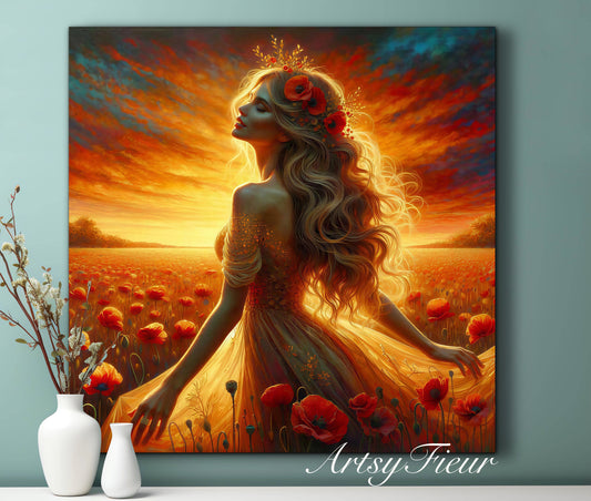 Framed canvas- Original Artwork Vibrant Poppies watercolour floral painting beautiful blondewoman ready to hang wall art print, abstract portrait colourful painting for living room