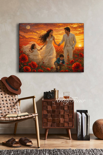 Framed Canvas- Vibrant Poppies Field Bride Groom Mother Daughter and Baby boy Portrait Whimsical Full Moon Sunset Fantasy Oil Painting Wall Art Print