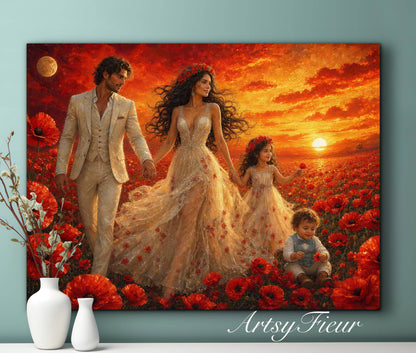 Framed Canvas- Vibrant Poppies Field Bride Groom Mother Daughter and Baby boy Portrait Whimsical Full Moon Sunset Fantasy Oil Painting Wall Art Print