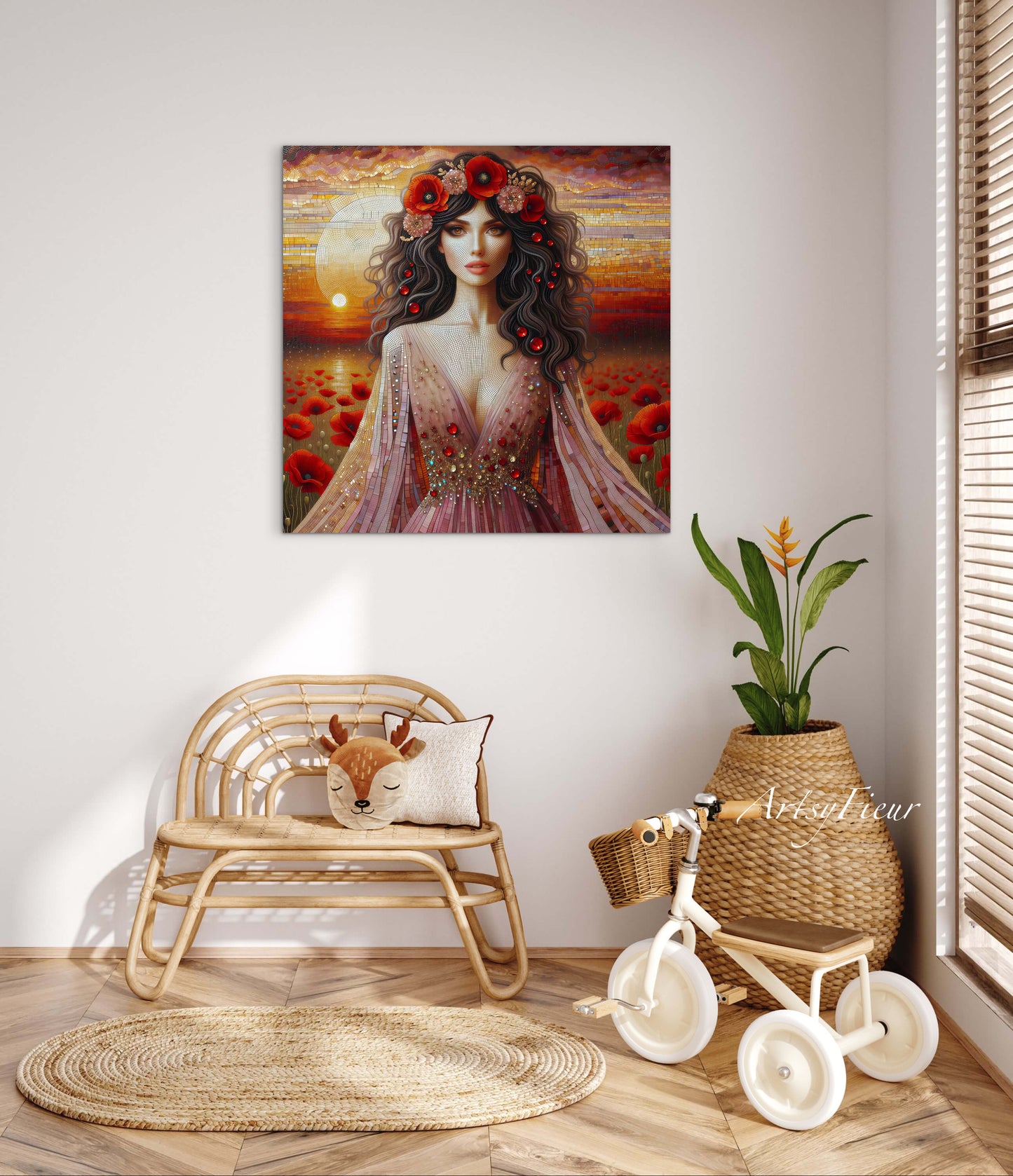 Framed canvas- Original Artwork Vibrant Poppies watercolour floral painting beautiful brunette woman ready to hang wall art print, abstract portrait
