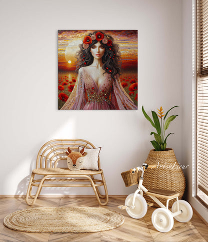 Framed canvas- Original Artwork Vibrant Poppies watercolour floral painting beautiful brunette woman ready to hang wall art print, abstract portrait