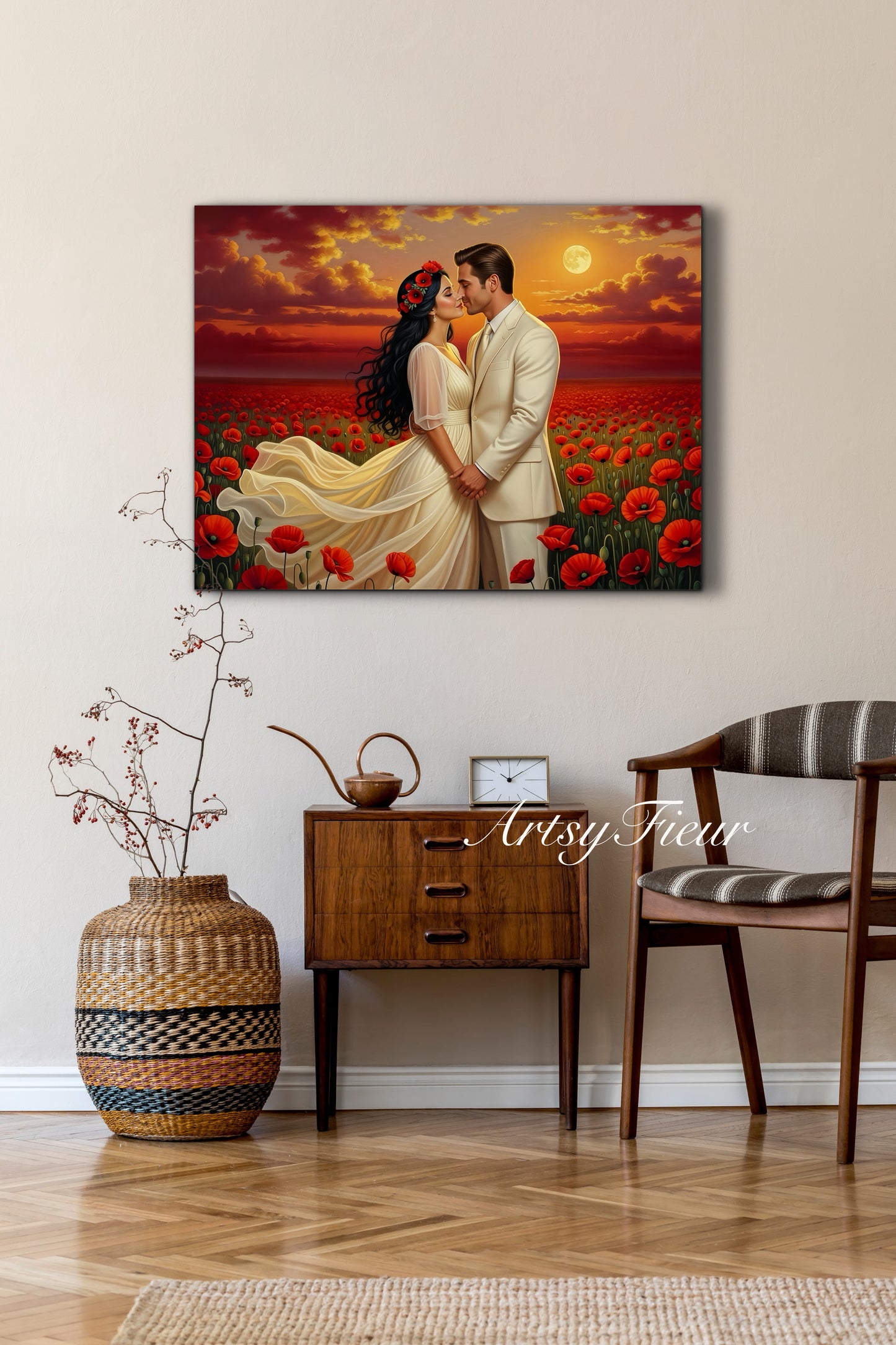 Framed canvas- whimsical full moon sunset bride and groom, wedding, poppy field, vibrant colours living room original artwork, fantasy oil painting wall art print