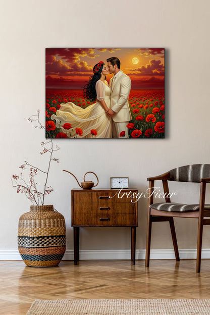 Framed canvas- whimsical full moon sunset bride and groom, wedding, poppy field, vibrant colours living room original artwork, fantasy oil painting wall art print