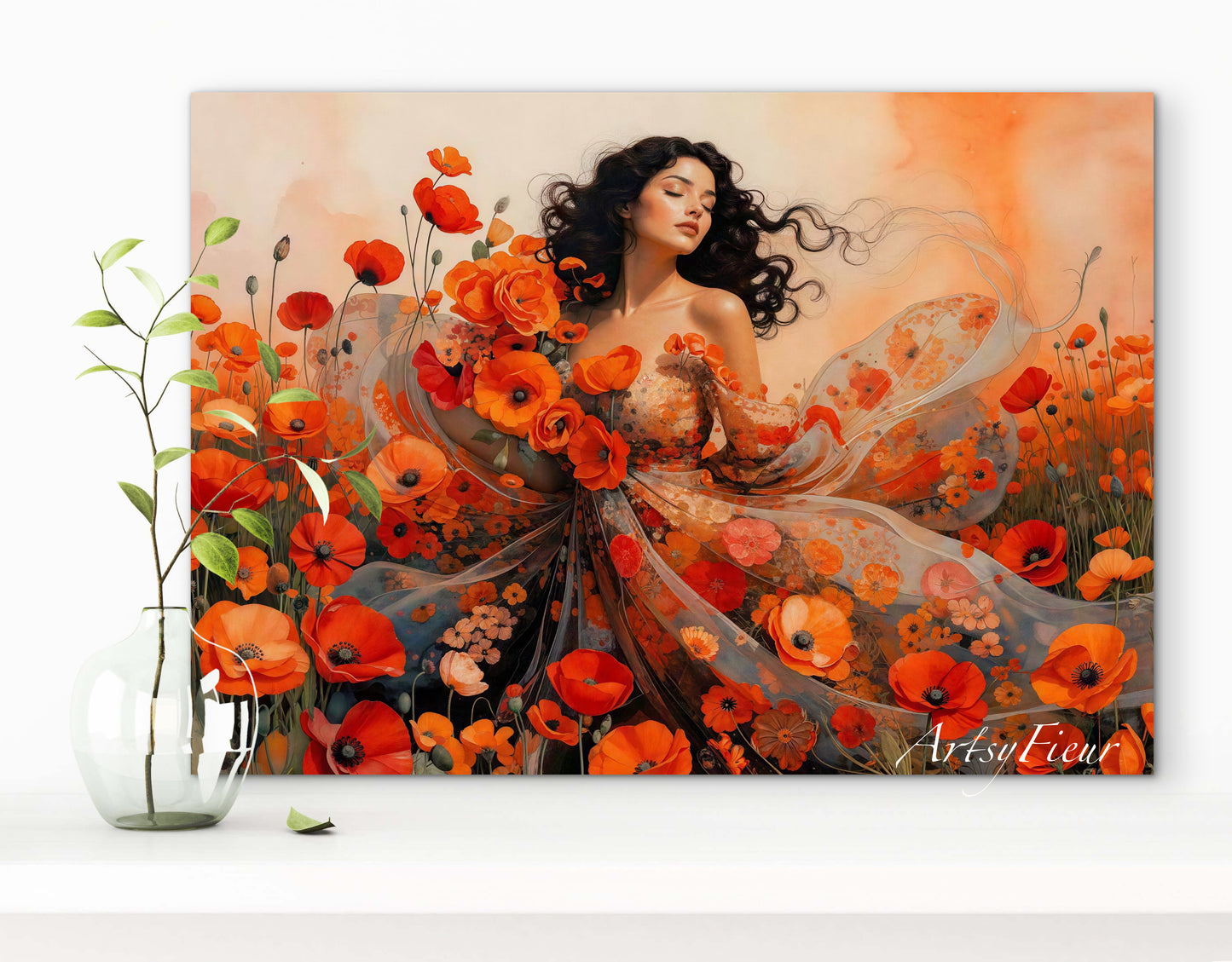 Framed Canvas - Vibrant Poppies Whimsical Full Moon Beautiful Brunette Woman in the Poppy Field, Wall Art Ready to hang Oil Painting Original Artwork Print