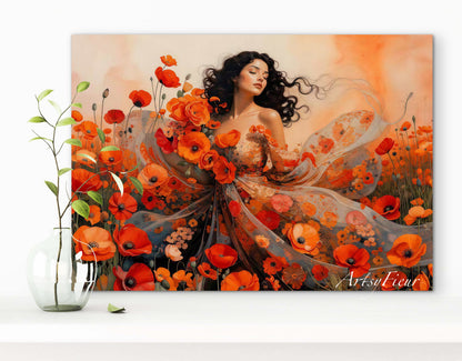 Framed Canvas - Vibrant Poppies Whimsical Full Moon Beautiful Brunette Woman in the Poppy Field, Wall Art Ready to hang Oil Painting Original Artwork Print