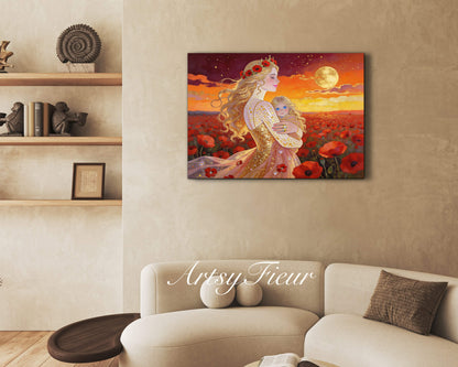 Framed Canvas- Vibrant Poppies Field Mother and Daughter Portrait Whimsical Full Moon Sunset Fantasy Oil Painting Wall Art Print