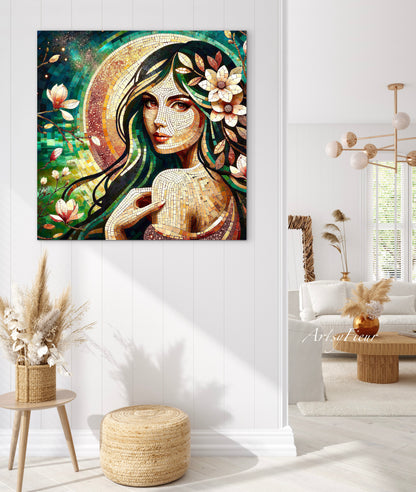 Framed canvas- Original Artwork Vibrant Magnolia Flowers Mosaic Portrait Beautiful Brunette Woman Wall Art Print