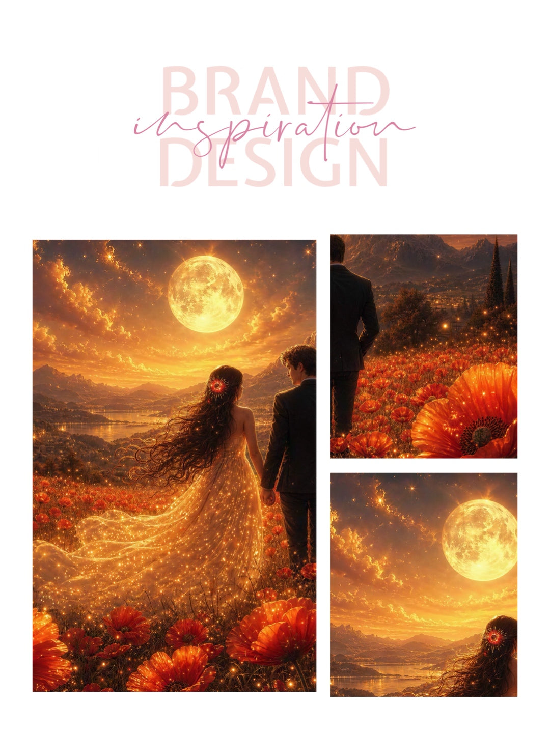 Framed canvas- whimsical full moon sunset bride and groom, wedding, poppy field, vibrant colours living room original artwork, fantasy oil painting wall art print