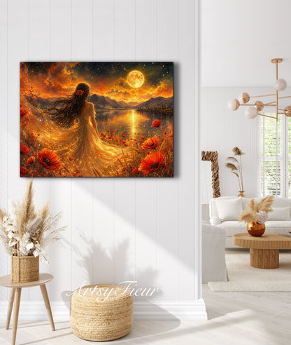 Framed Canvas - Vibrant poppies and wildflowers Whimsical Full Moon starry night sky Bride -Lady by the lake Wall Art Ready to hang original Artwork Print