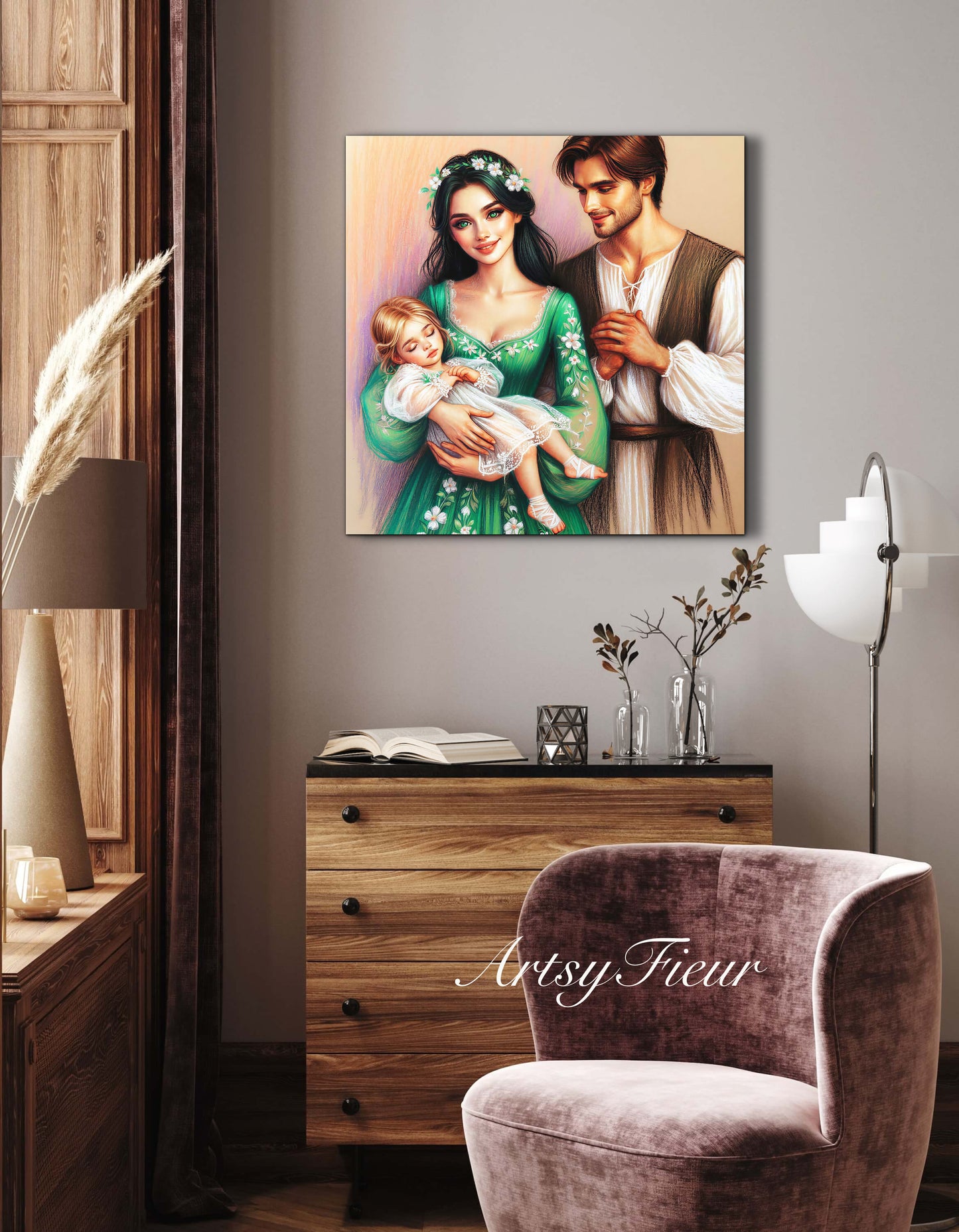 Framed canvas- ready to hang wall art print, colourful drawing abstract family portrait mother and daughter colourful drawing