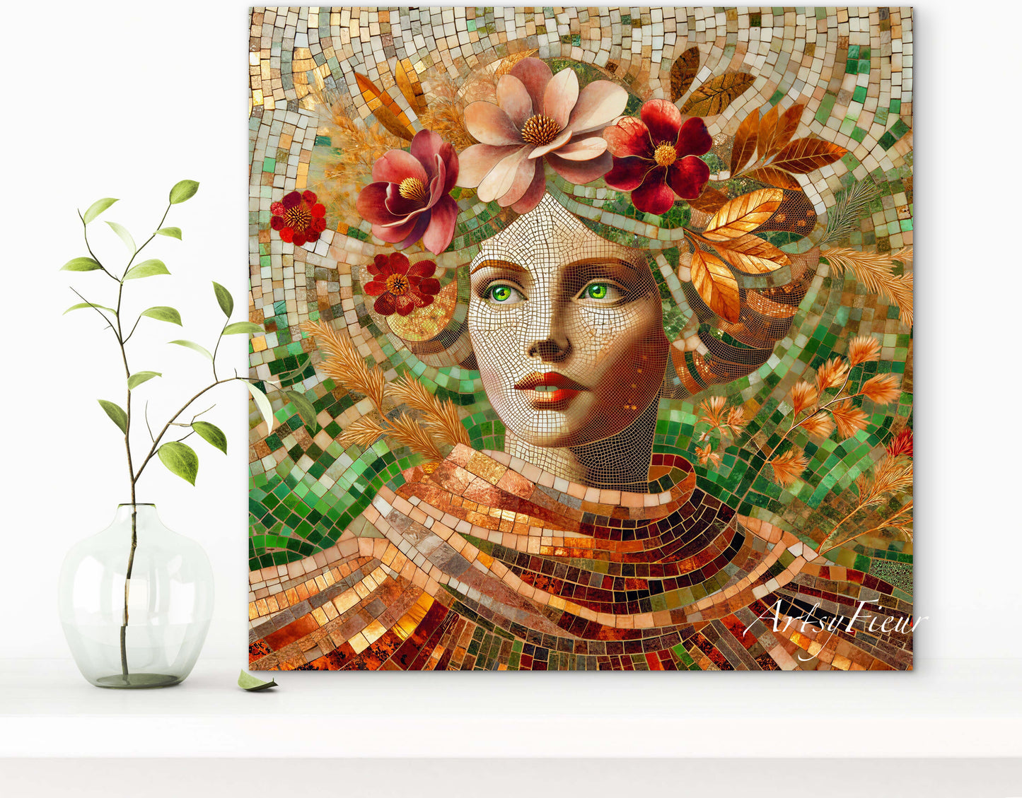 Framed canvas- Original Artwork Vibrant Magnolia Flowers Mosaic Portrait Beautiful Brunette Woman Wall Art Print