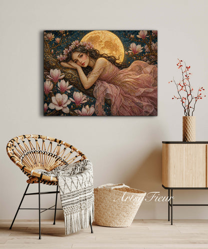 Framed Canvas- Vibrant Magnolia Flowers Beautiful Brunette Woman’s Portrait Mosaic Original Artwork Fantasy Wall Art Whimsical Full Moon