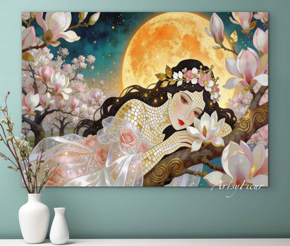 Framed Canvas- Vibrant Magnolia Flowers Beautiful Brunette Woman’s Abstract Portrait Mosaic Original Artwork Fantasy Wall Art Print