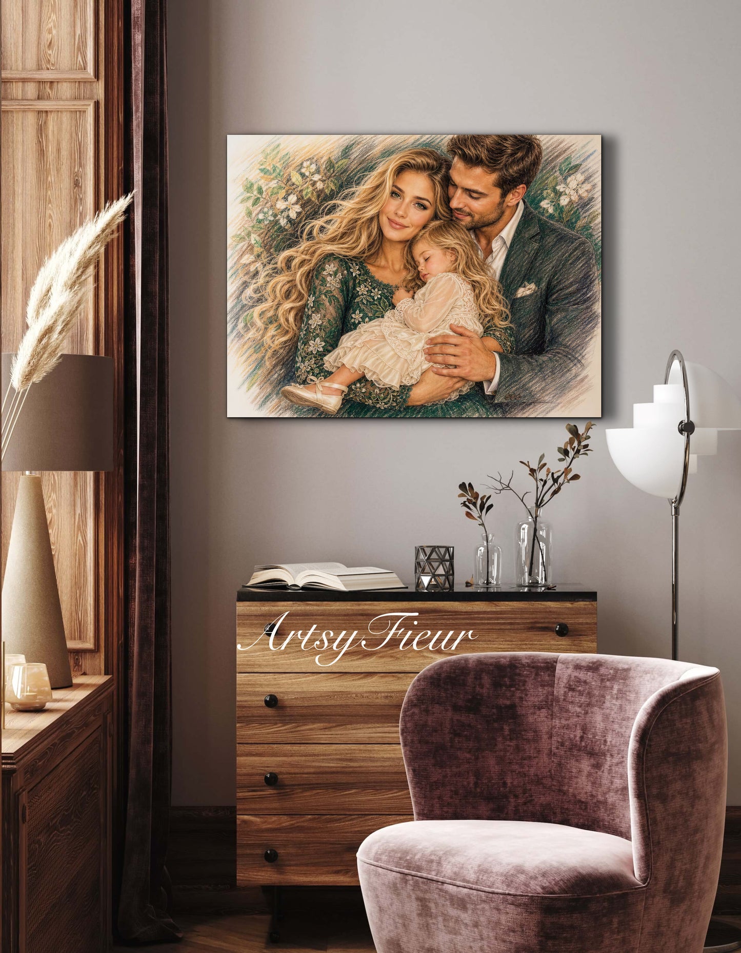 Framed Canvas- Vibrant Mother and Daughter Dad Family Portrait Fantasy Drawing Wall Art Print