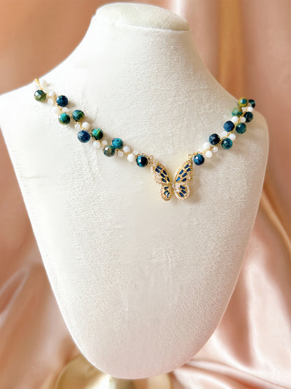 Blue Butterfly Necklace Handmade Braided Beaded | Natural Blue Tiger’s Eye Gemstone | Hypoallergenic| 18k Gold Plated