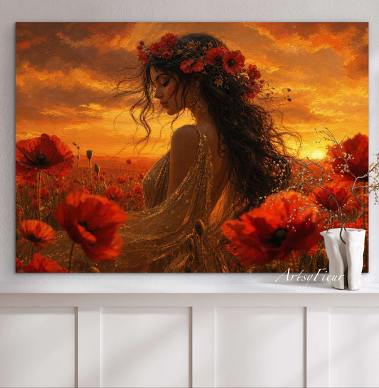 Framed Canvas - Vibrant Poppies Whimsical Full Moon Bride in Poppy Field, Wall Art Ready to hang Oil Painting Original Artwork Print