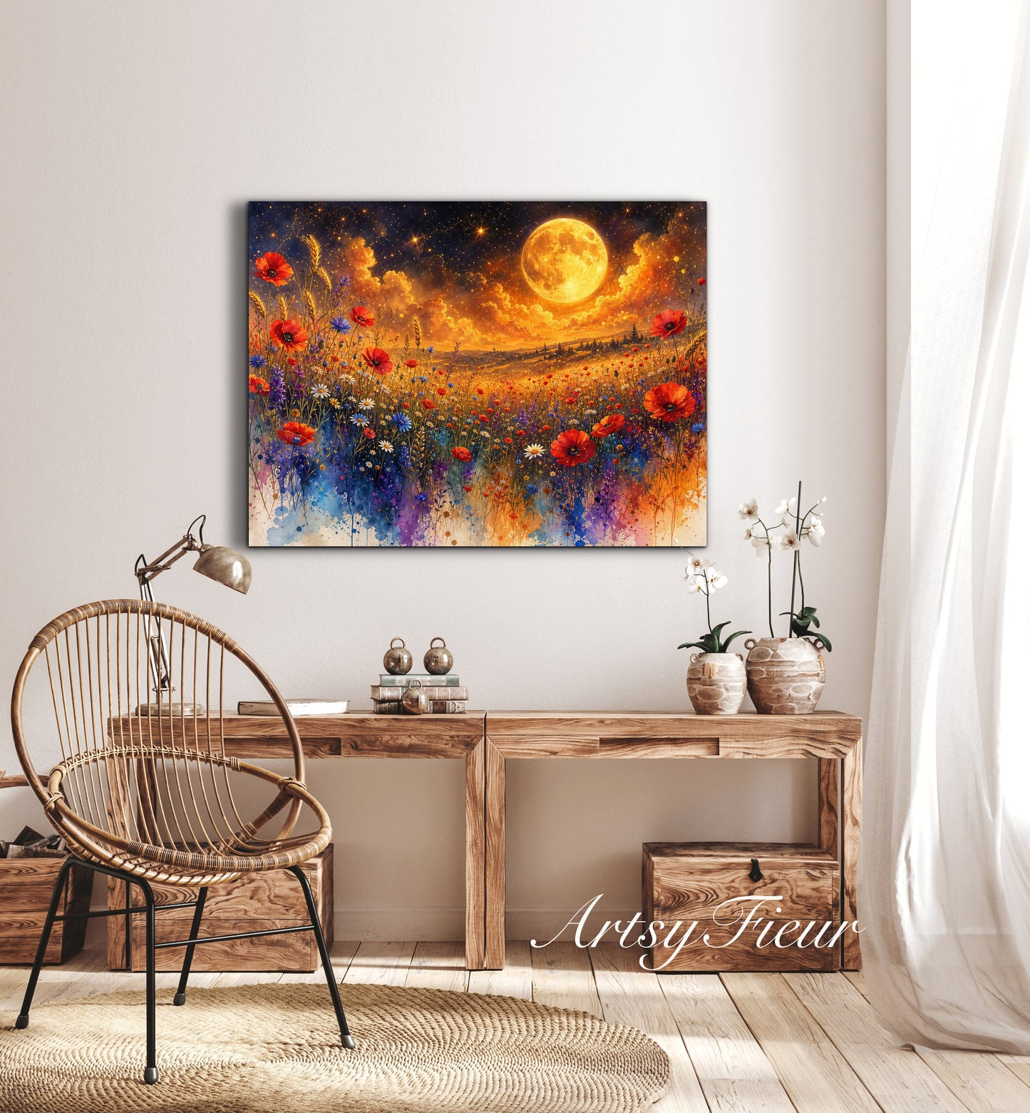 Framed Canvas Print- Vibrant Wildflowers and Poppies Oil Painting Textured Wall Art , Beautiful Original Artwork Ready to Hang Living Room, Floral