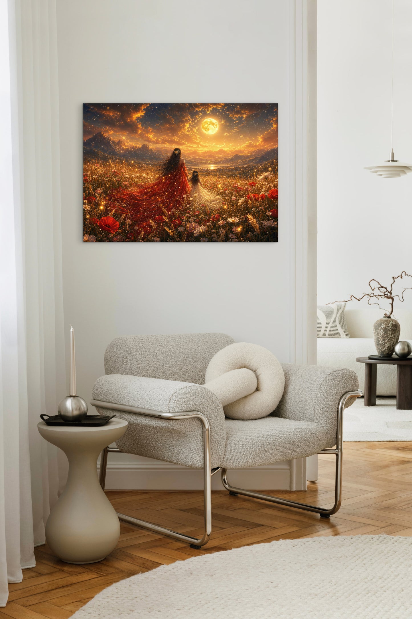 Framed Canvas- Vibrant Mother and Daughter Portrait Wildflowers Field Whimsical Landscape, Beautiful Gold Full Moon, Fantasy Floral Print