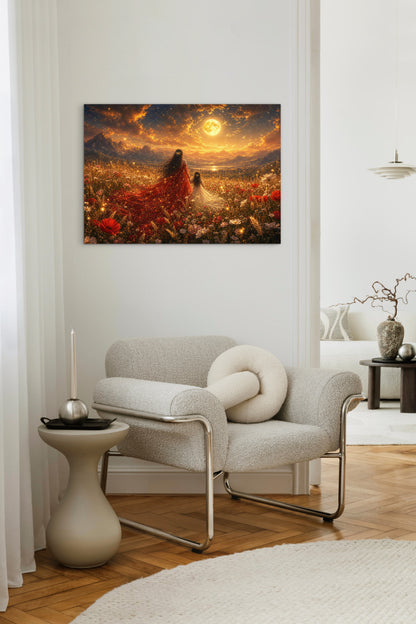 Framed Canvas- Vibrant Mother and Daughter Portrait Wildflowers Field Whimsical Landscape, Beautiful Gold Full Moon, Fantasy Floral Print
