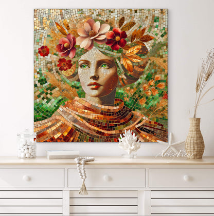 Framed canvas- Original Artwork Vibrant Magnolia Flowers Mosaic Portrait Beautiful Brunette Woman Wall Art Print