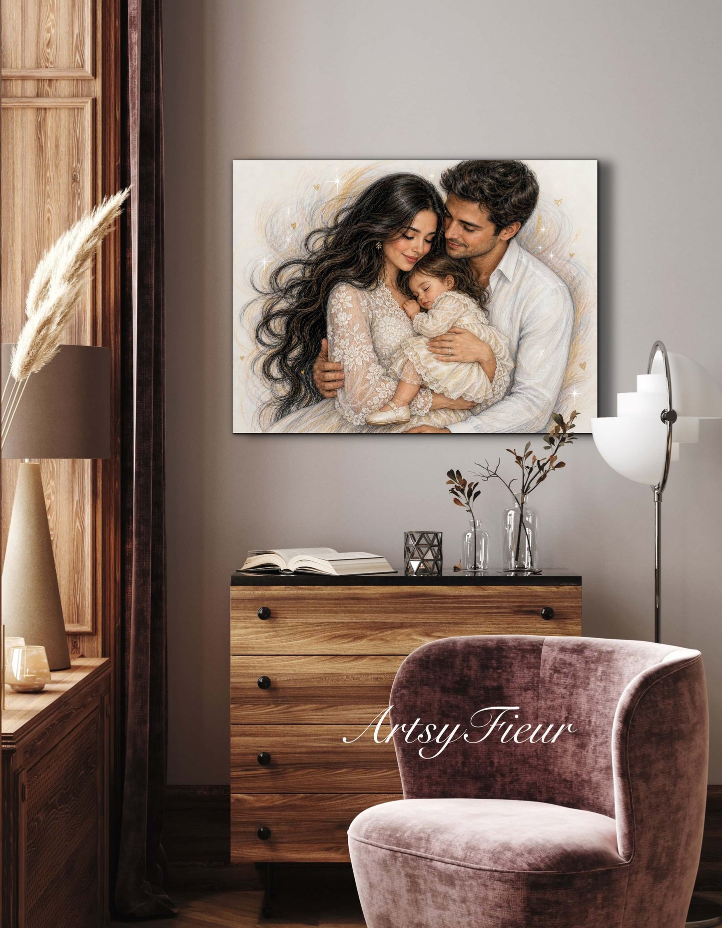 Framed Canvas- Vibrant Mother and Daughter Dad Family Portrait Fantasy Drawing Wall Art Print