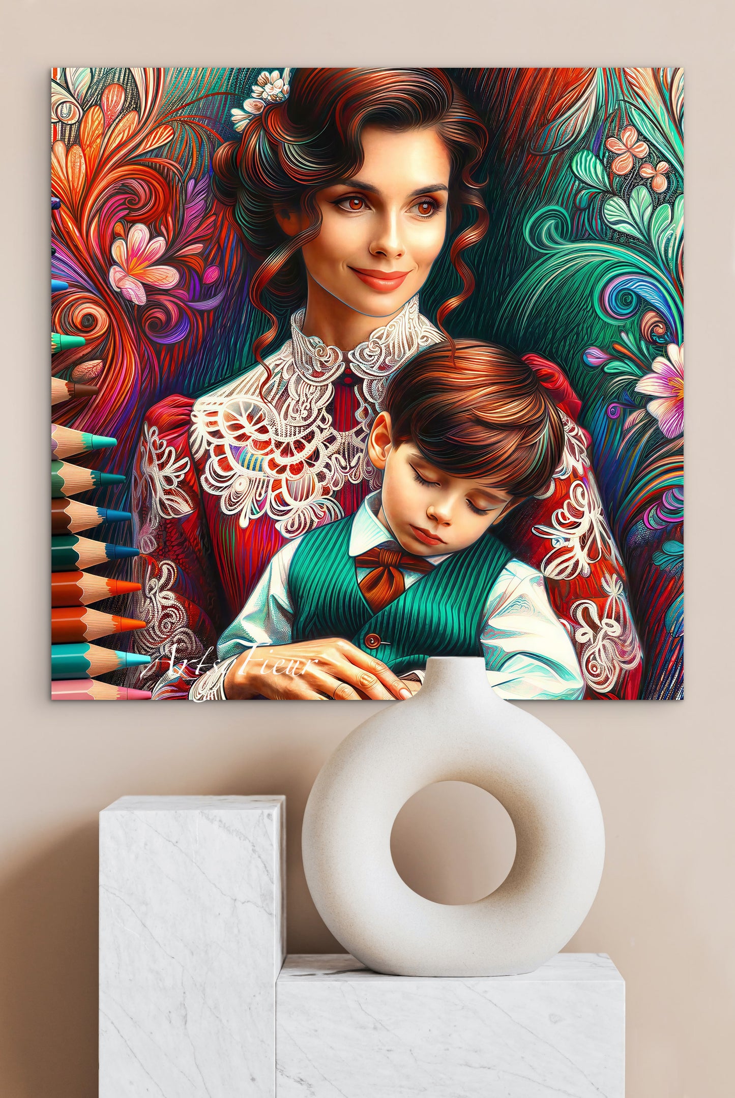 Framed canvas print Mother and son abstract coloured crayons portrait vibrant wall art