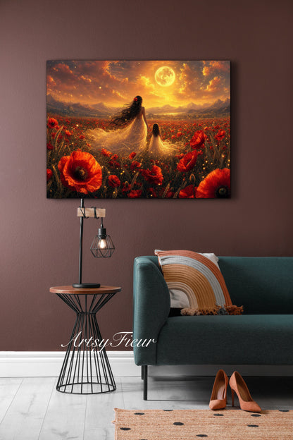 Framed Canvas- Vibrant Poppies Field Bride Mother and Daughter Portrait Whimsical Full Moon Sunset Fantasy Oil Painting Wall Art Print