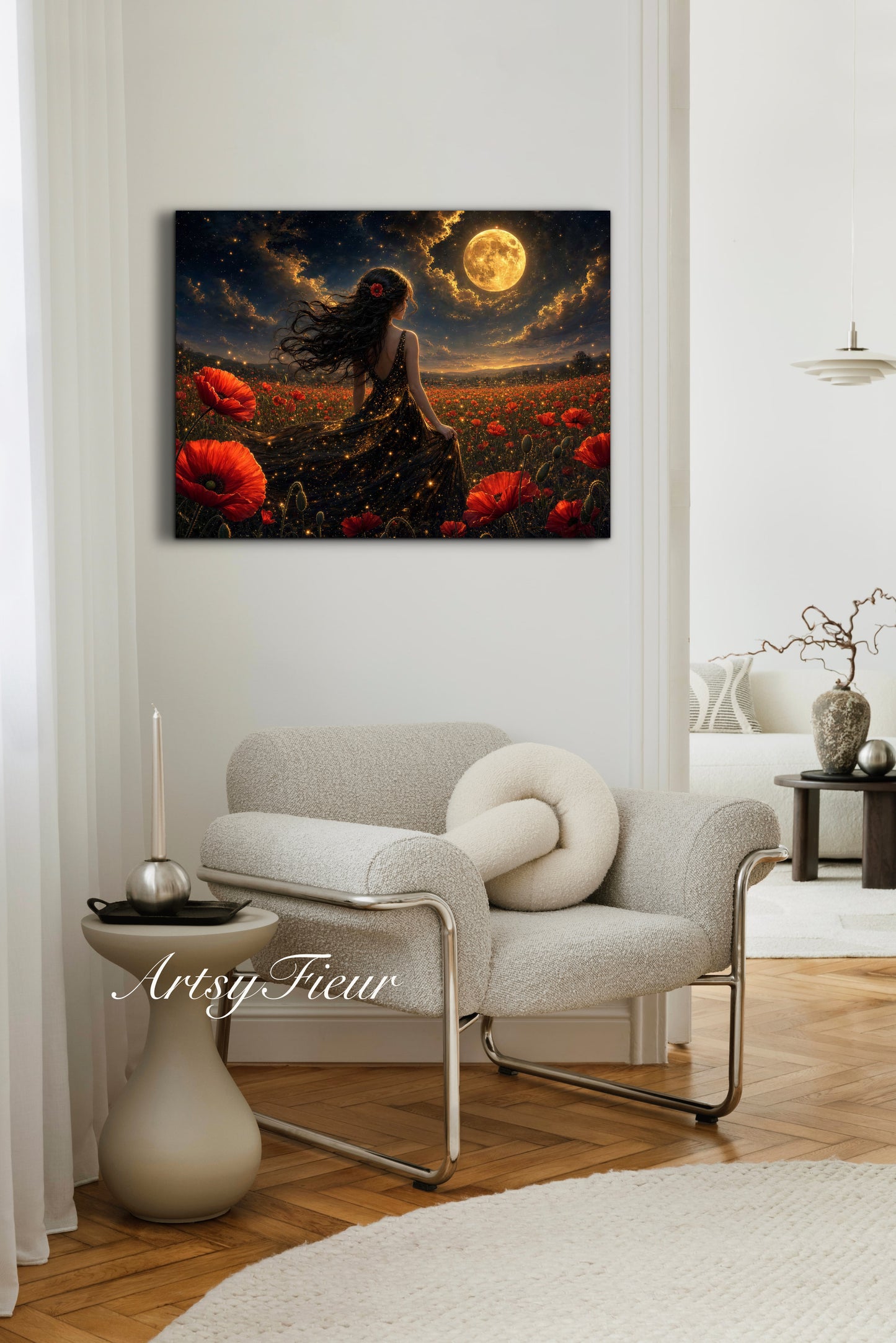 Framed Canvas - Vibrant Poppies Whimsical Full Moon Bride in Poppy Field, Wall Art Ready to hang Oil Painting Original Artwork Print Black Wedding Dress