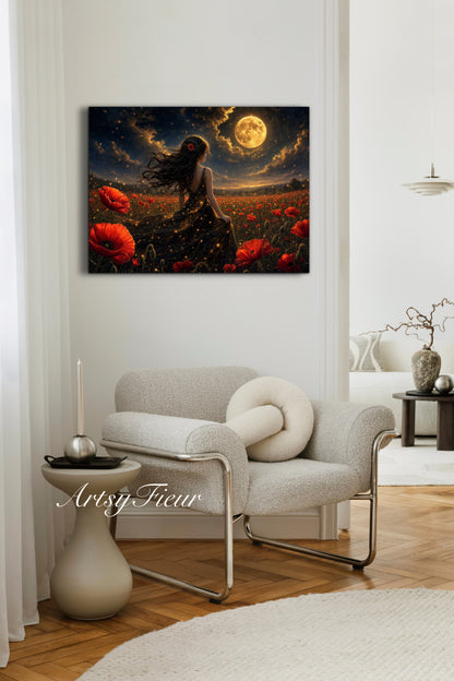 Framed Canvas - Vibrant Poppies Whimsical Full Moon Bride in Poppy Field, Wall Art Ready to hang Oil Painting Original Artwork Print Black Wedding Dress