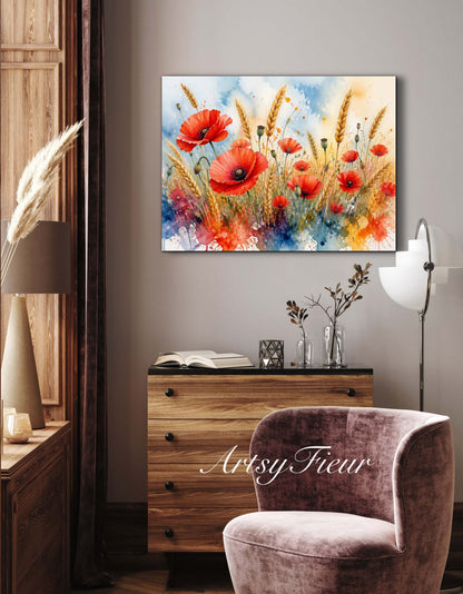 Framed Canvas Print- Vibrant Wildflowers and Poppies Oil Painting Textured Wall Art , Beautiful Original Artwork Ready to Hang Living Room, Floral