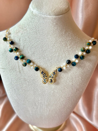 Blue Butterfly Necklace Handmade Braided Beaded | Natural Blue Tiger’s Eye Gemstone | Hypoallergenic| 18k Gold Plated