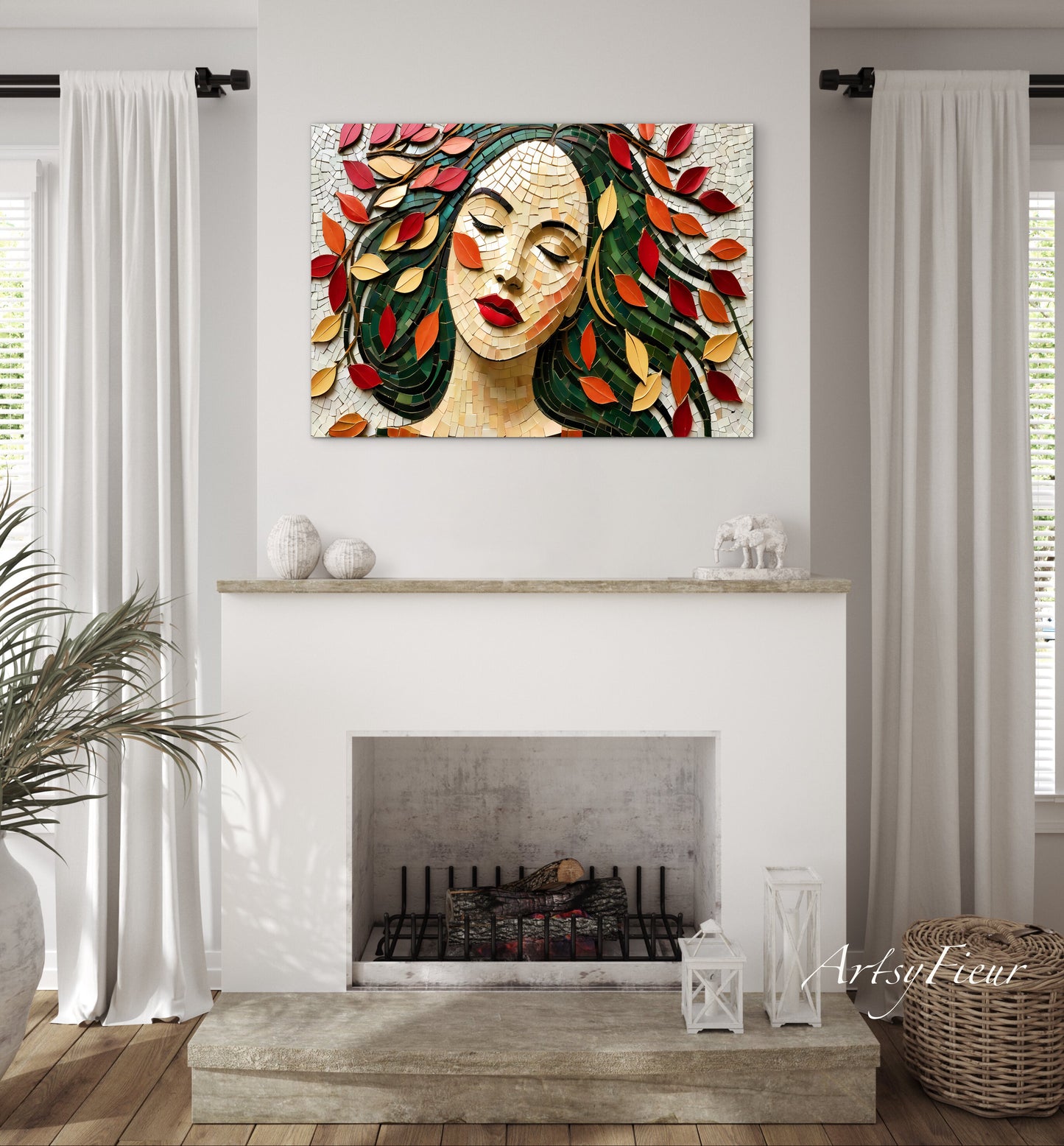 Framed Canvas- Vibrant Colours Beautiful Brunette Woman’s Abstract Portrait Mosaic Autumn Leaves Original Artwork Fantasy Wall Art Print