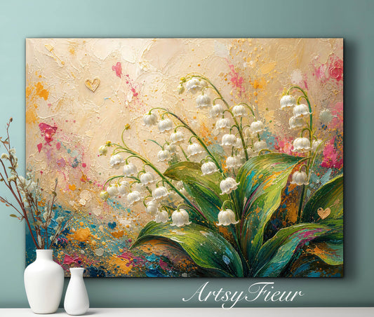 Framed Canvas Print- Vibrant Wildflowers and lily of the valley Oil Painting Textured Wall Art , Beautiful Original Artwork Ready to Hang Living Room, Floral